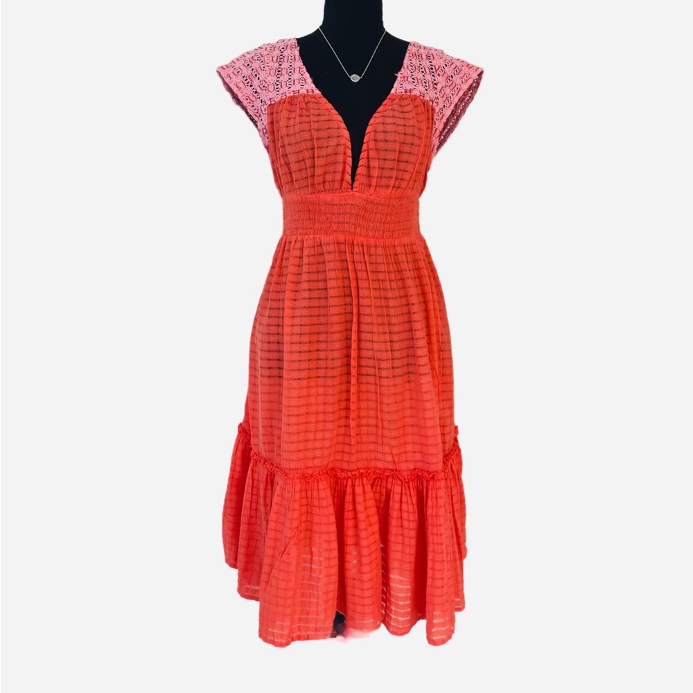 FREE PEOPLE ~ Red/Orange Semi-Sheer Waffle Ruffle Tier Crochet Detail Boho Style